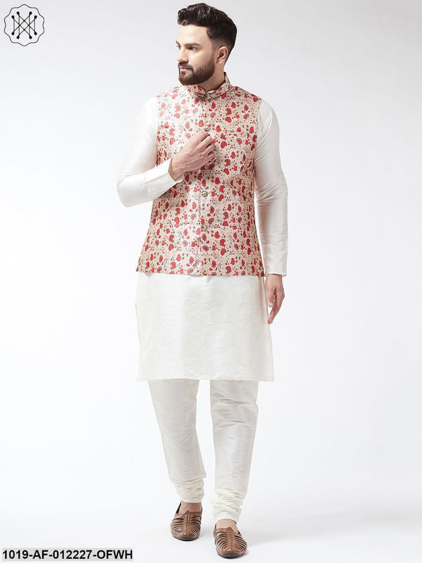 Men's Silk Blend Offwhite Kurta With Pyjama & Maroon Printed Nehrujacket Combo - Sojanya