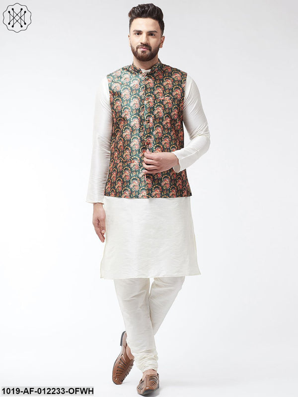 Men's Silk Blend Offwhite Kurta With Pyjama & Darkgreen Printed Nehrujacket - Sojanya