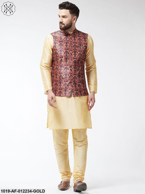 Men's Silk Blend Gold Kurta With Pyjama & Maroon Printed Nehrujacket Combo - Sojanya