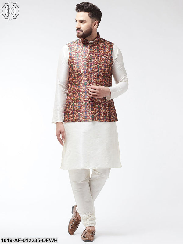 Men's Silk Blend Offwhite Kurta With Pyjama & Maroon Printed Nehrujacket Combo - Sojanya