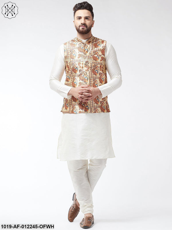 Men's Silk Blend Off White Kurta With Pyjama & Beige Printed Nehrujacket Combo - Sojanya