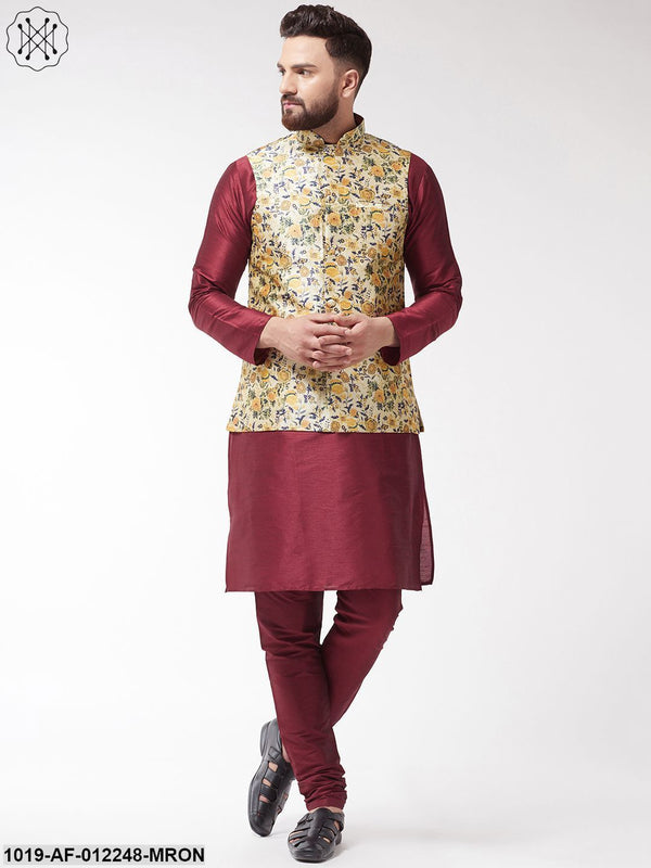 Men's Silk Blend Maroon Kurta With Pyjama & Limegreen Printed Nehrujacket - Sojanya