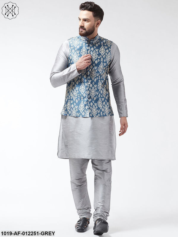 Men's Silk Blend Grey Kurta With Pyjama & Grey Printed Nehrujacket Combo - Sojanya