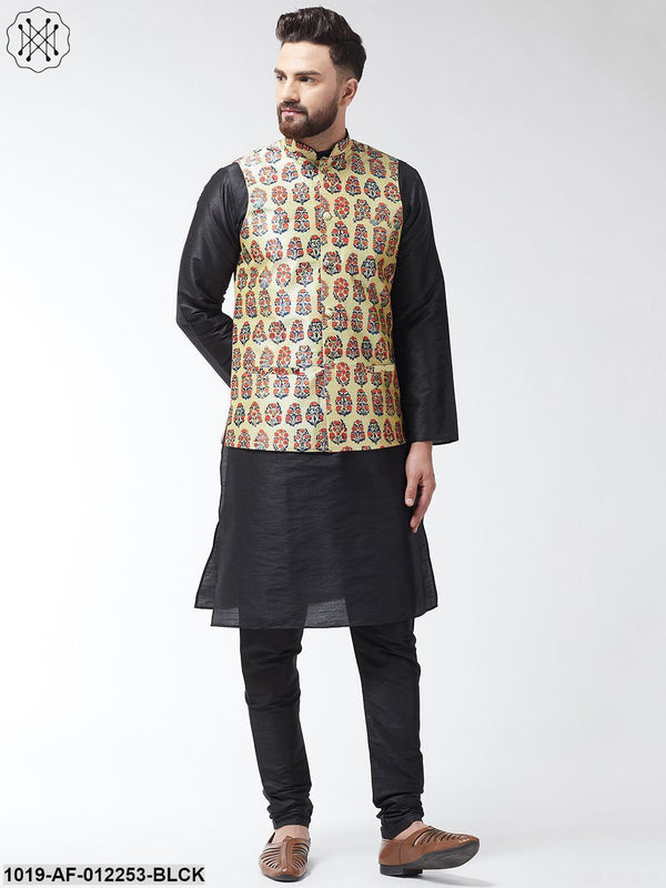 Men's Silk Blend Black Kurta With Pyjama & Beige Printed Nehrujacket Combo - Sojanya