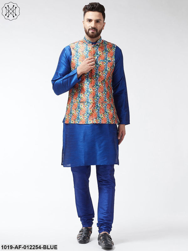 Men's Silk Blend Royalblue Kurta With Pyjama & Blue Printed Nehrujacket Combo - Sojanya