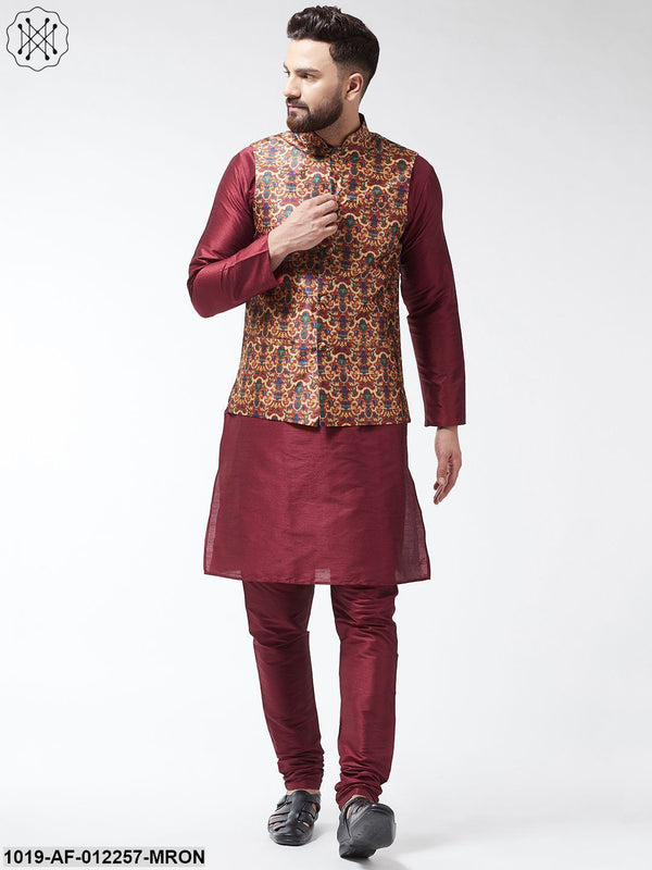 Men's Silk Blend Maroon Kurta With Pyjama & Multi Printed Nehrujacket Combo - Sojanya