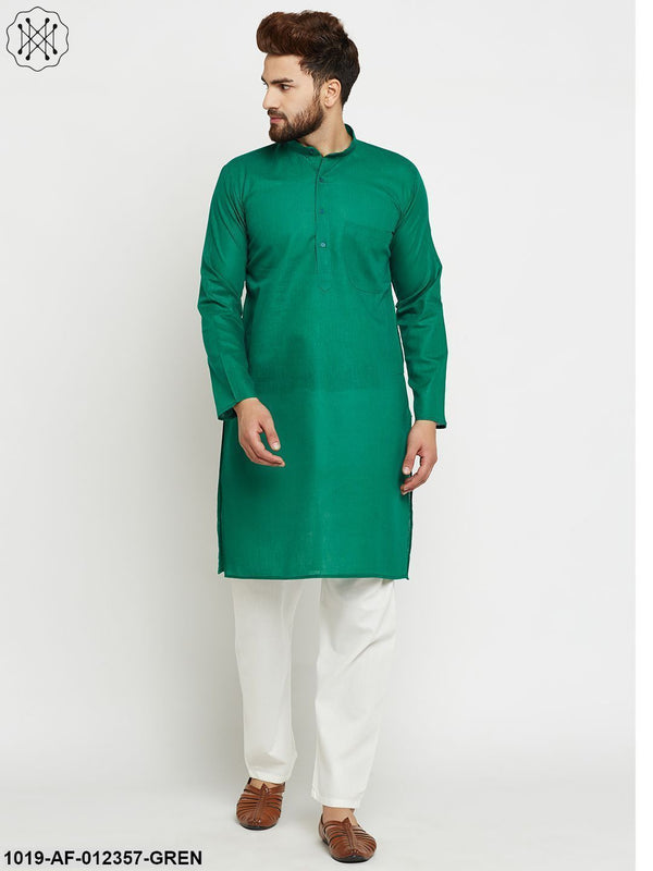 Men's Dark Green, Cotton Linen Kurta Set - Sojanya