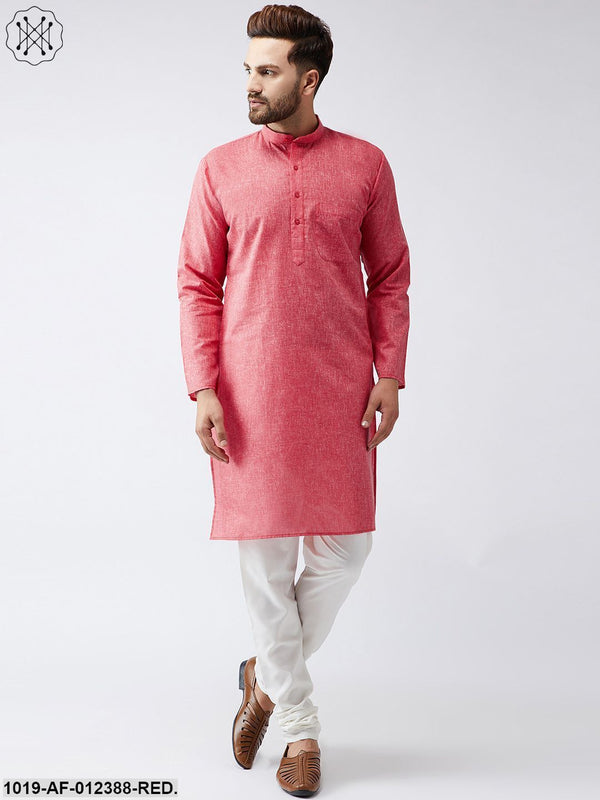 Men's Cotton Linen Red Kurta And Off White Churidar Pyjama Set - Sojanya