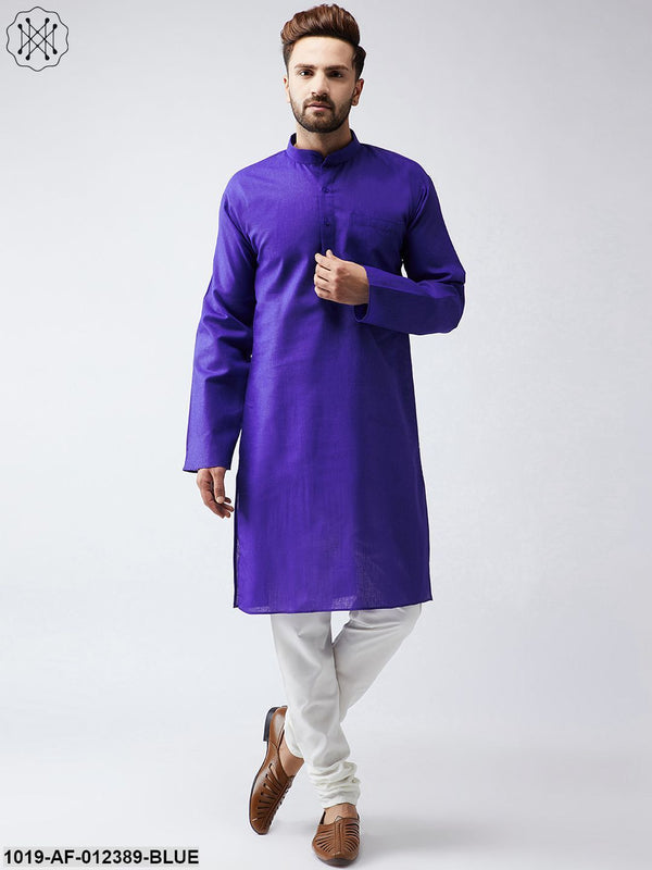 Men's Cotton Linen Royal Blue Kurta And Off White Churidar Pyjama Set - Sojanya