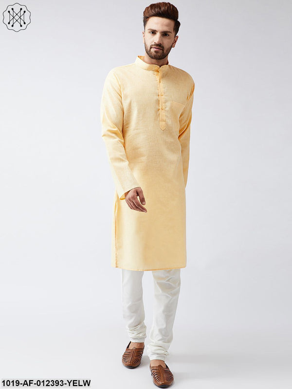 Men's Cotton Linen Yellow Kurta And Off White Churidar Pyjama Set - Sojanya