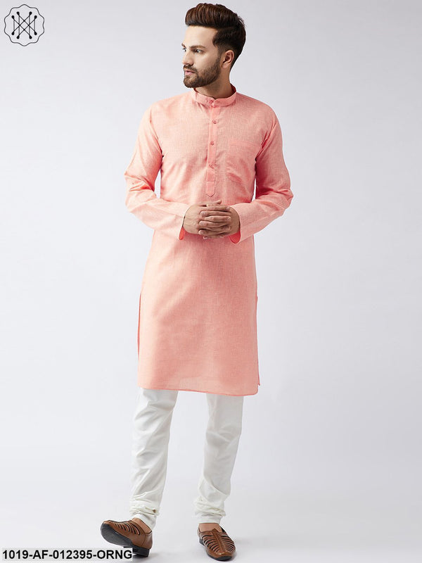 Men's Cotton Linen Orange Kurta And Off White Churidar Pyjama Set - Sojanya