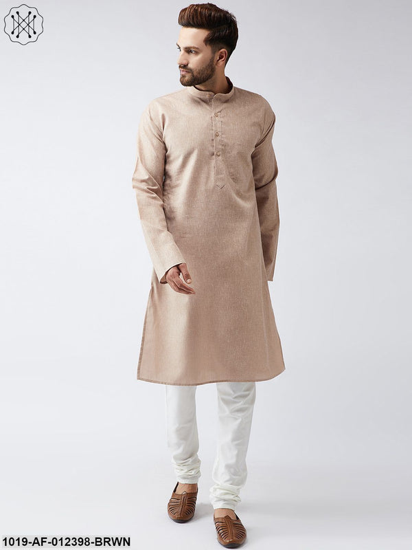 Men's Cotton Linen Brown Kurta And Off White Churidar Pyjama Set - Sojanya