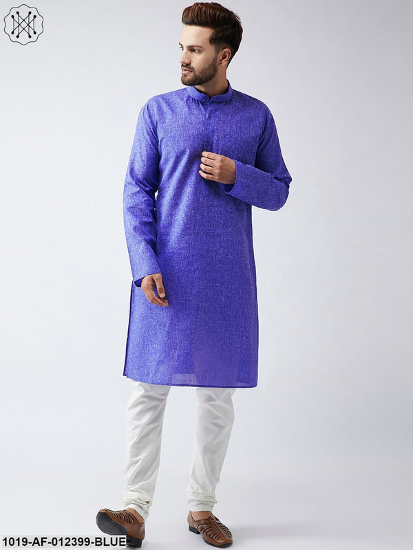 Men's Cotton Linen Indigo Blue Kurta And Off White Churidar Pyjama Set - Sojanya