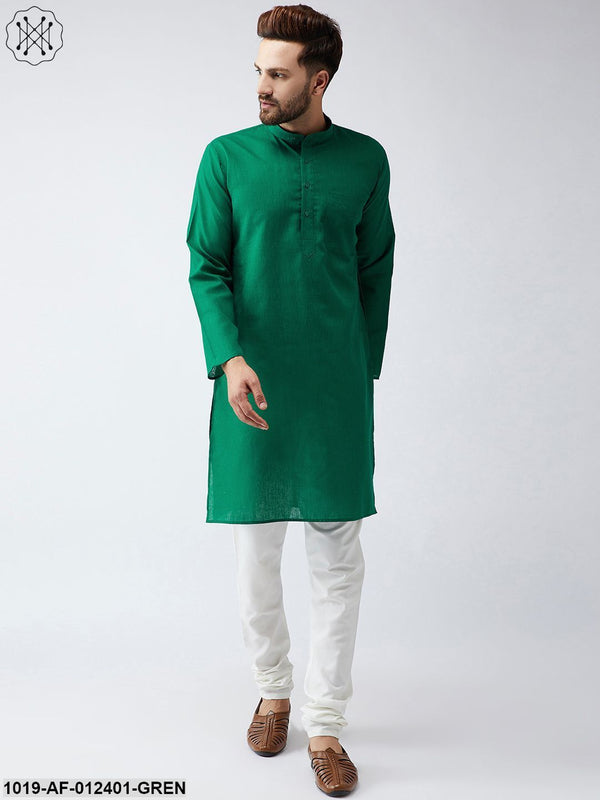 Men's Cotton Linen Dark Green Kurta And Off White Churidar Pyjama Set - Sojanya