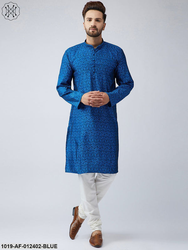 Men's Silk Blue Kurta And Off White Churidar Pyjama Set - Sojanya