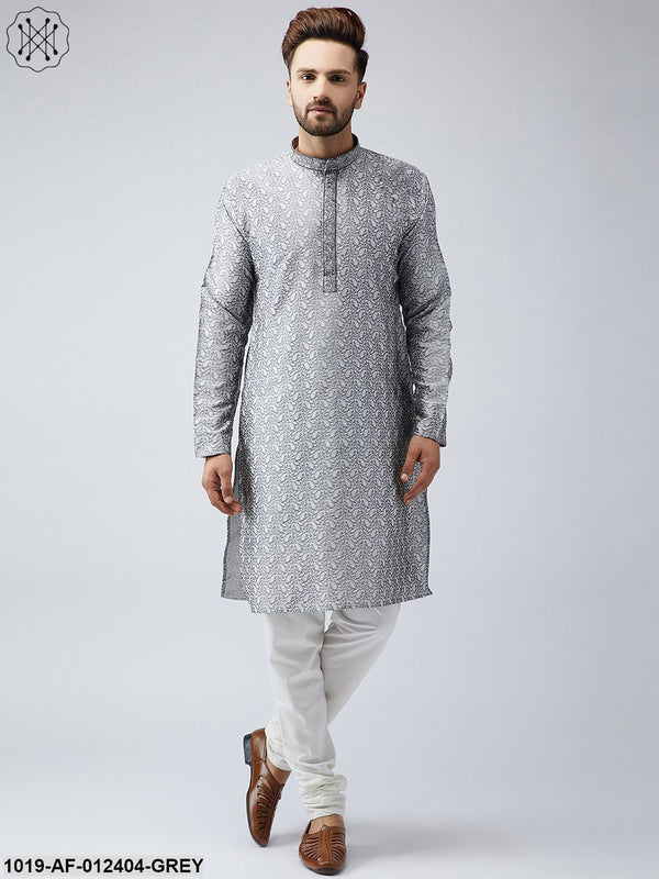 Men's Silk Grey Kurta And Off White Churidar Pyjama Set - Sojanya