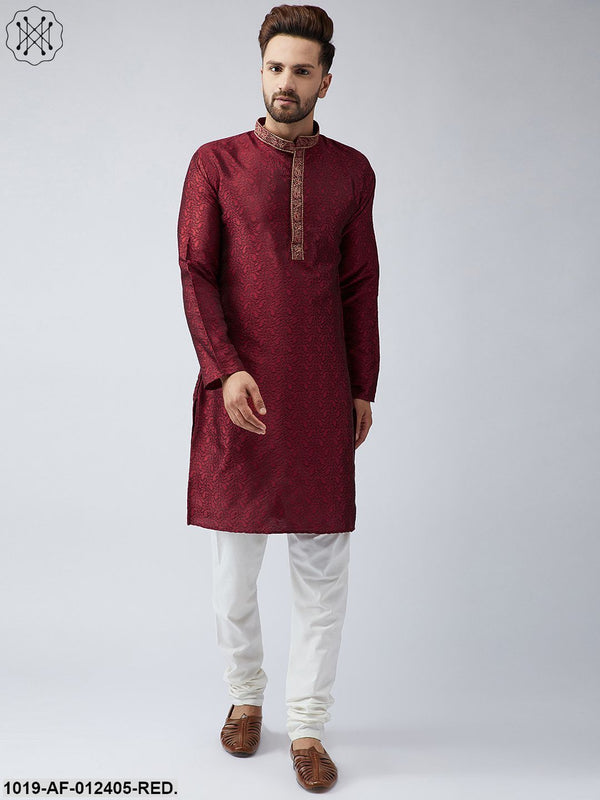 Men's Silk Red Kurta And Off White Churidar Pyjama Set - Sojanya