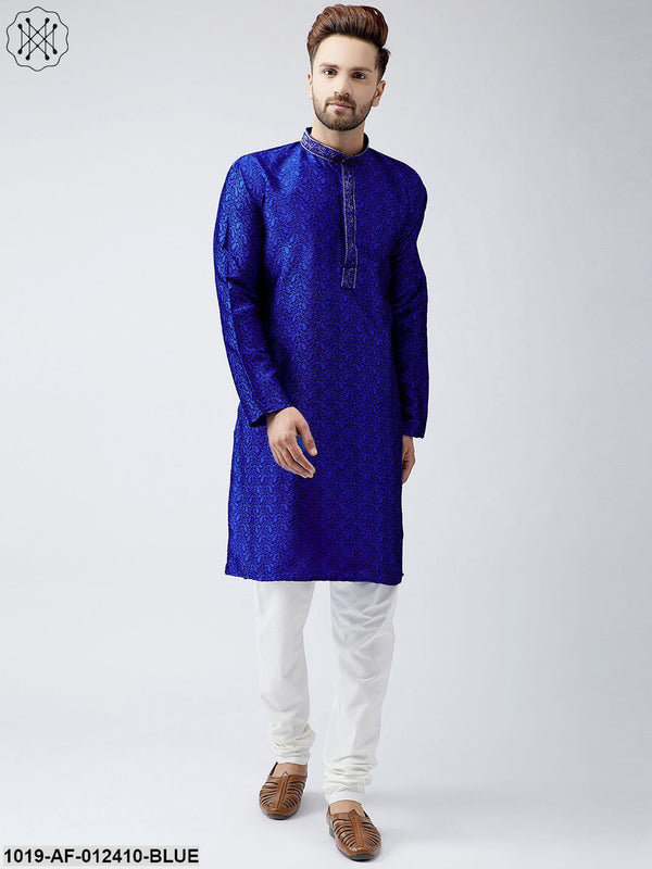 Men's Silk Royal Blue Kurta And Off White Churidar Pyjama Set - Sojanya