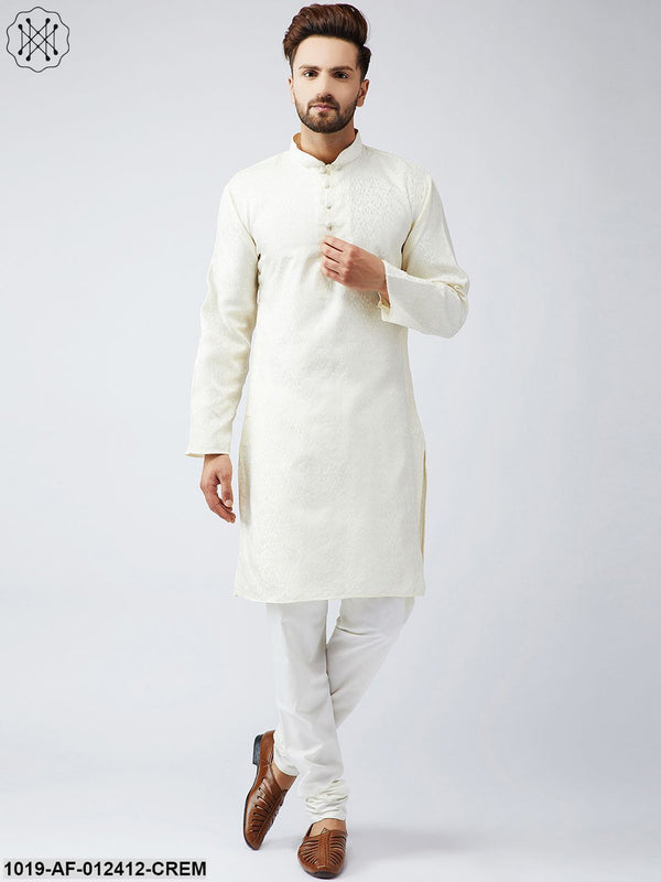 Men's Silk Cream Kurta And Off White Churidar Pyjama Set - Sojanya