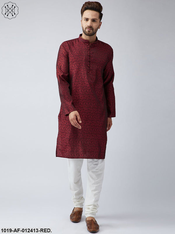 Men's Silk Red Kurta And Off White Churidar Pyjama Set - Sojanya