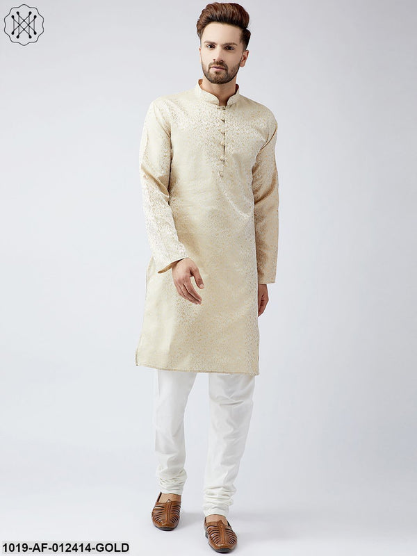 Men's Silk Gold Kurta And Off White Churidar Pyjama Set - Sojanya