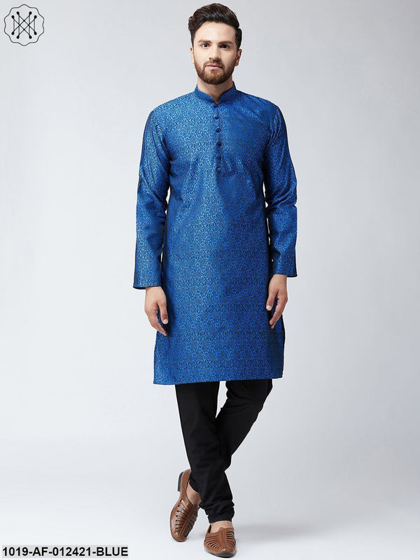 Men's Silk Blue Kurta And Black Pyjama Set - Sojanya