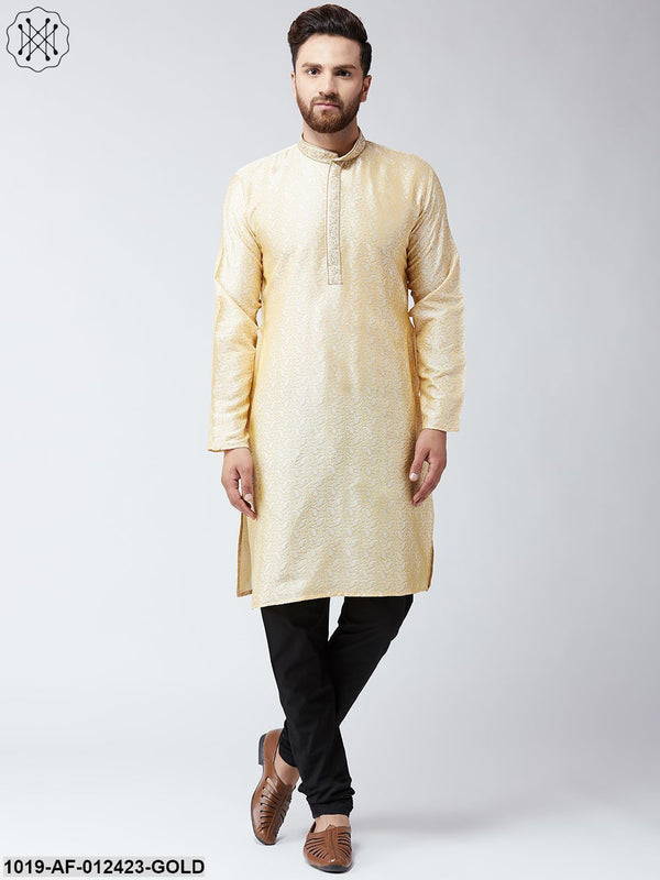 Men's Silk Gold Kurta And Black Pyjama Set - Sojanya