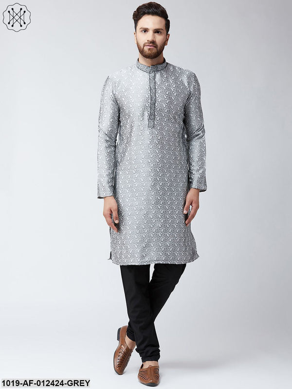 Men's Silk Grey Kurta And Black Pyjama Set - Sojanya