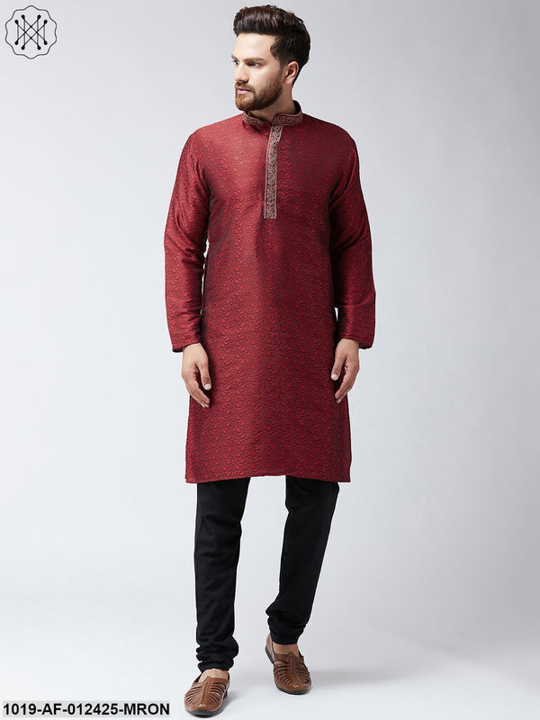 Men's Silk Maroon Kurta And Black Pyjama Set - Sojanya