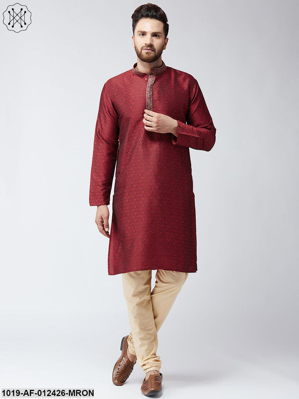 Men's Silk Maroon Kurta And Beige Pyjama Set - Sojanya