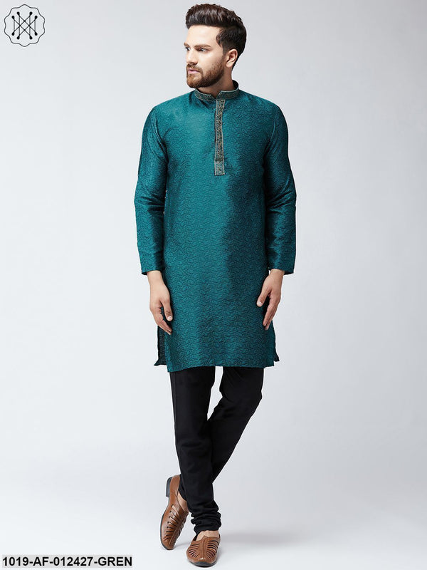 Men's Silk Teal Green Kurta And Black Pyjama Set - Sojanya