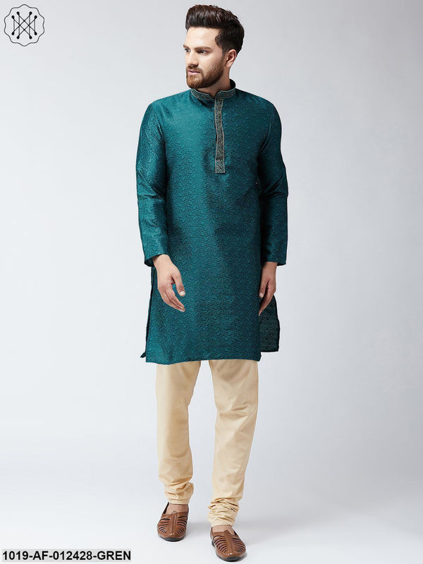 Men's Silk Teal Green Kurta And Beige Pyjama Set - Sojanya