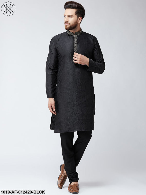 Men's Silk Black Kurta And Black Pyjama Set - Sojanya