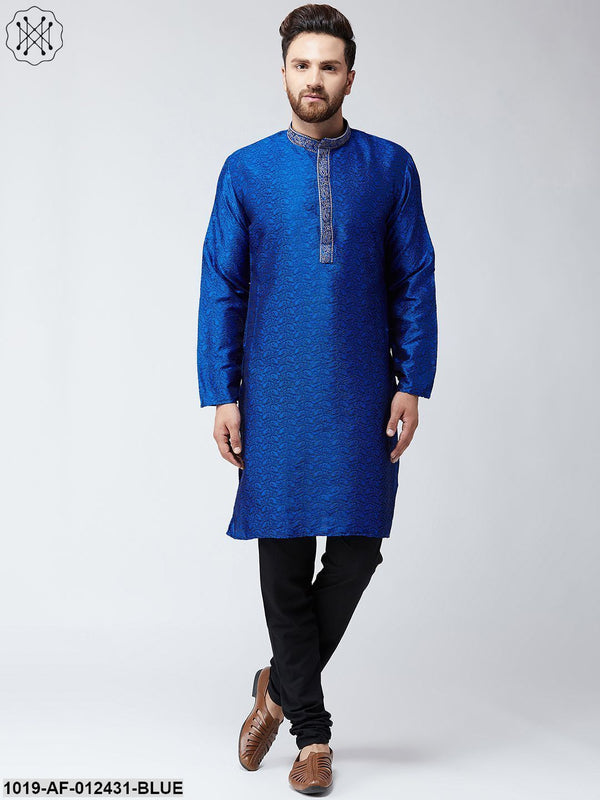 Men's Silk Blue Kurta And Black Pyjama Set - Sojanya