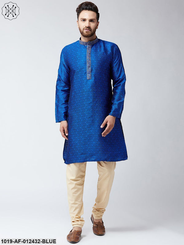 Men's Silk Blue Kurta And Beige Pyjama Set - Sojanya