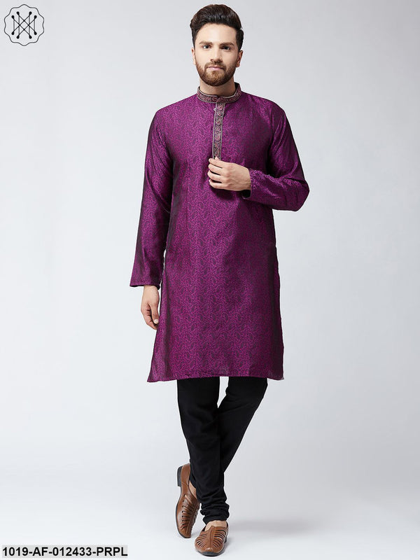 Men's Silk Purple Kurta And Black Pyjama Set - Sojanya