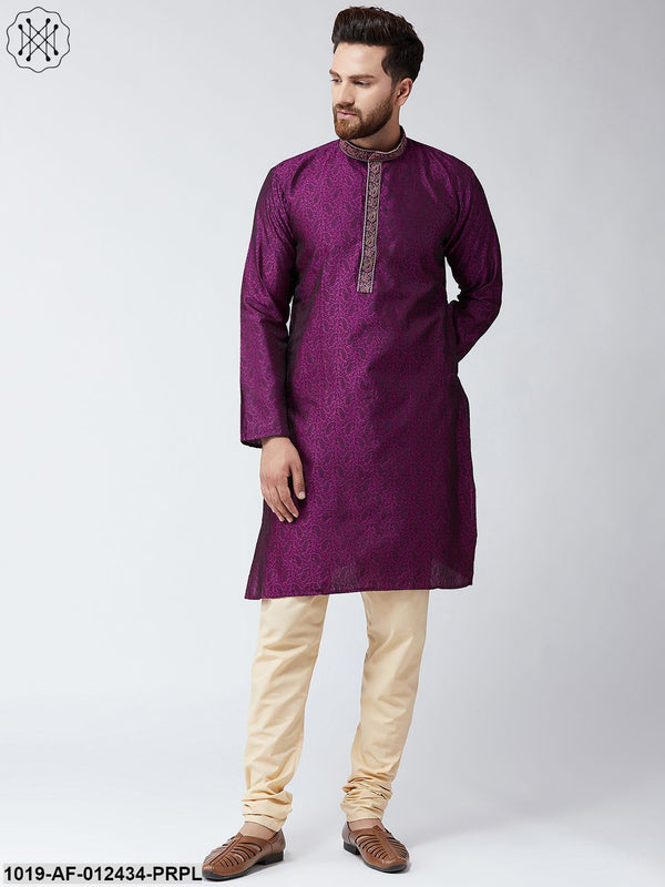 Men's Silk Purple Kurta And Beige Pyjama Set - Sojanya