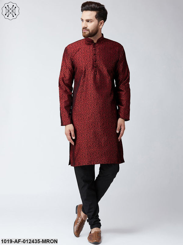 Men's Silk Maroon Kurta And Black Pyjama Set - Sojanya