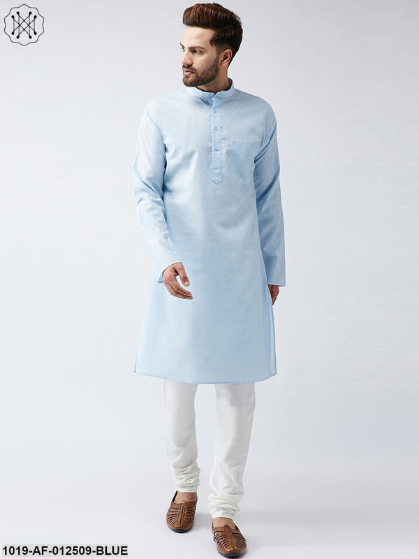 Men's Cotton Linen Sky Blue Kurta And Off White Churidar Pyjama Set - Sojanya