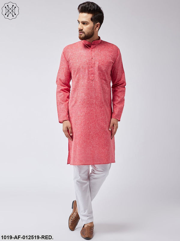 Men's Cotton Linen Red Kurta & White Pyjama Set - Sojanya