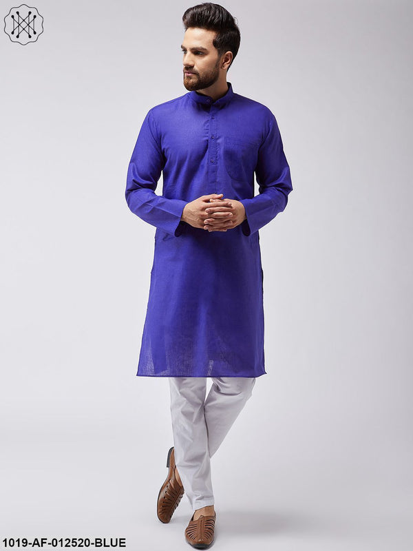 Men's Cotton Linen Royal Blue Kurta & White Pyjama Set - Sojanya