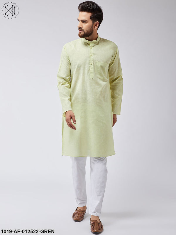 Men's Cotton Linen Lime Green Kurta & White Pyjama Set - Sojanya