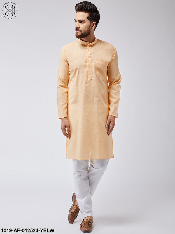 Men's Cotton Linen Yellow Kurta & White Pyjama Set - Sojanya