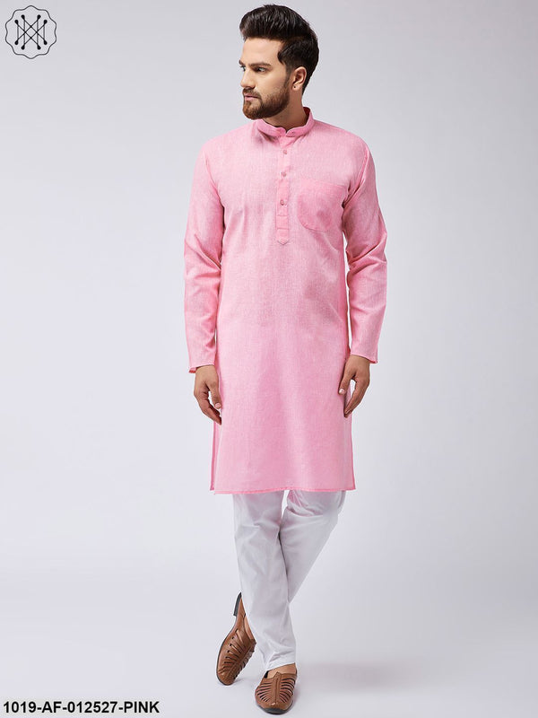 Men's Cotton Linen Pink Kurta & White Pyjama Set - Sojanya