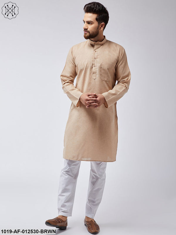 Men's Cotton Linen Light Brown Kurta & White Pyjama Set - Sojanya