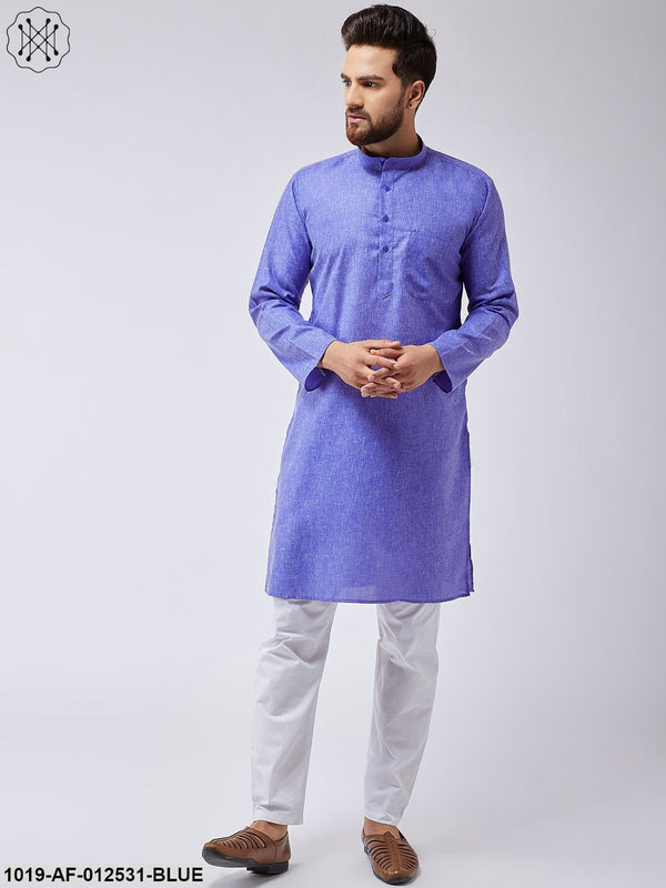 Men's Cotton Linen Indigo Blue Kurta & White Pyjama Set - Sojanya