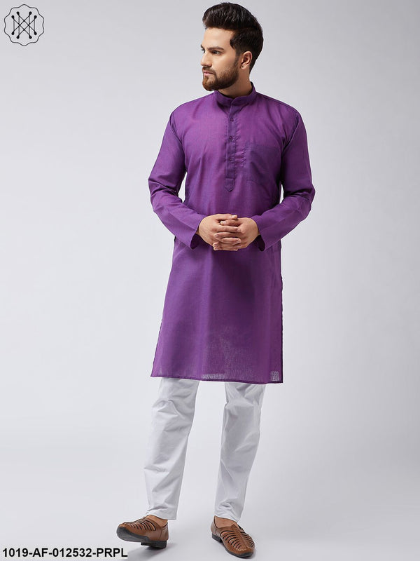 Men's Cotton Linen Purple Kurta & White Pyjama Set - Sojanya