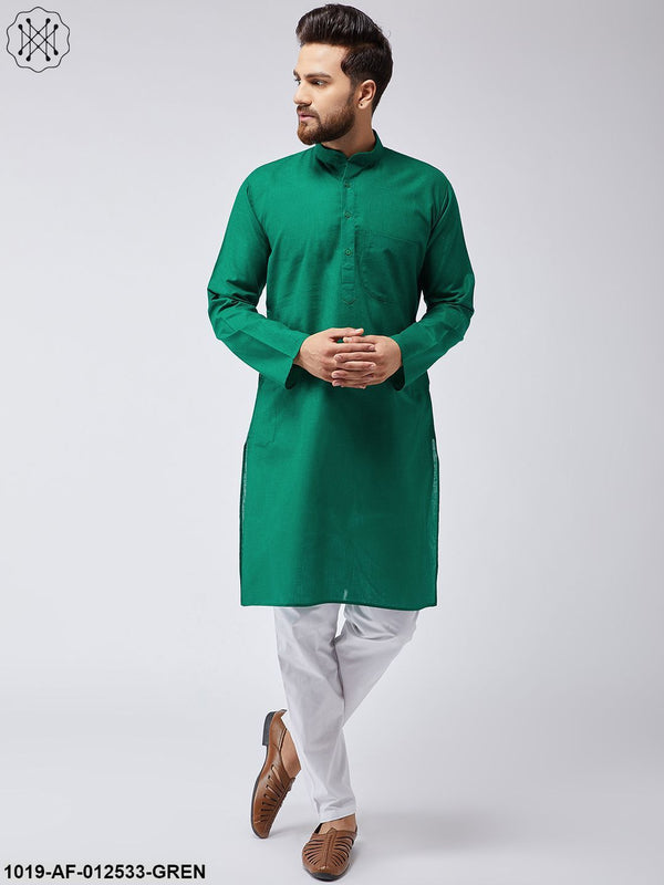 Men's Cotton Linen Dark Green Kurta & White Pyjama Set - Sojanya