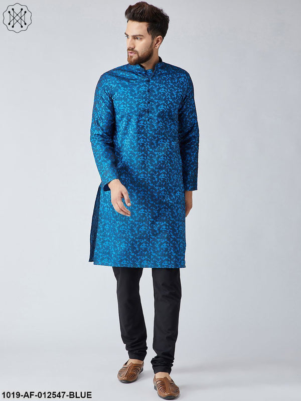 Men's Silk Royal Blue Kurta & Black Churidar Pyjama Set - Sojanya