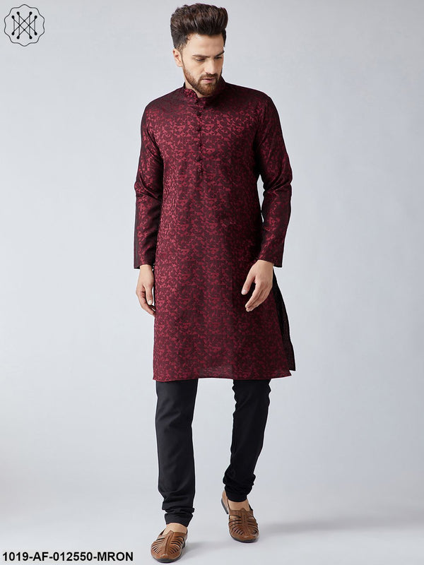 Men's Silk Maroon Kurta & Black Churidar Pyjama Set - Sojanya